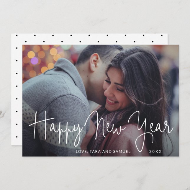 Cartes Pour Fêtes Annuelles Simple Elégant Script Photo Bonne Année (Devant / Derrière)