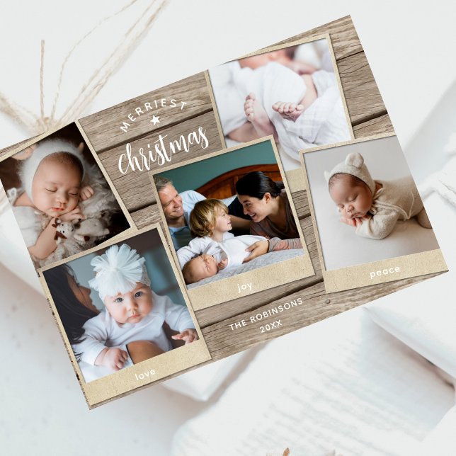 Cartes Pour Fêtes Annuelles Simple Elegant Wood Multi Photo Collage Noël (Créateur téléchargé)