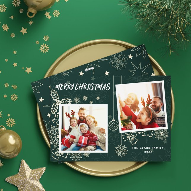 Cartes Pour Fêtes Annuelles Simple élégante Vert foncé 2 cadres photo Famille (Simple Elegant Dark Green 2 Photo Frames Family Holiday Card)