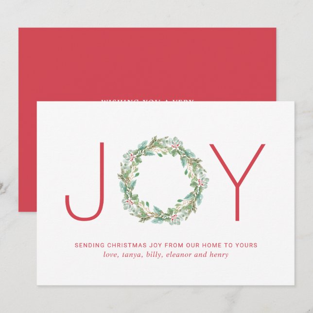 Cartes Pour Fêtes Annuelles Simple élégante Wreath Joie Noël (Devant / Derrière)