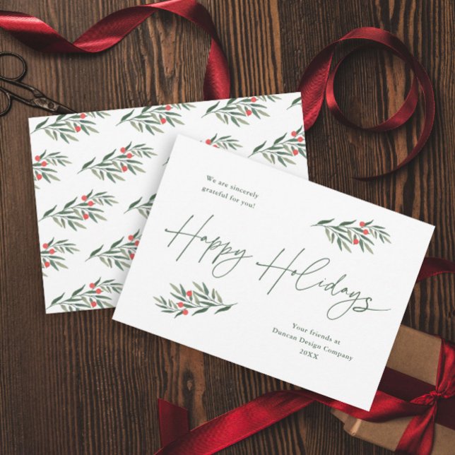 Cartes Pour Fêtes Annuelles Simple Feuillage Entreprise  (A simple script greenery leaves green and red business holiday card.)