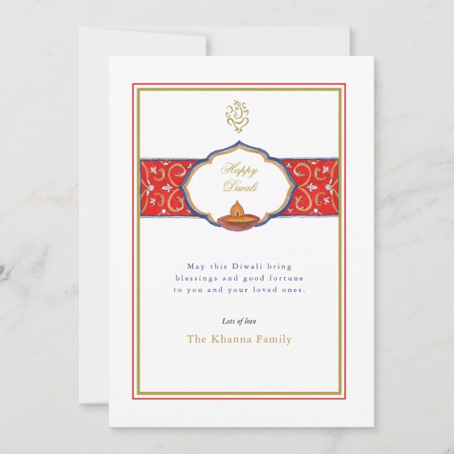 Cartes Pour Fêtes Annuelles Simple Ganesh et lampe Diwali Salutations (Devant)