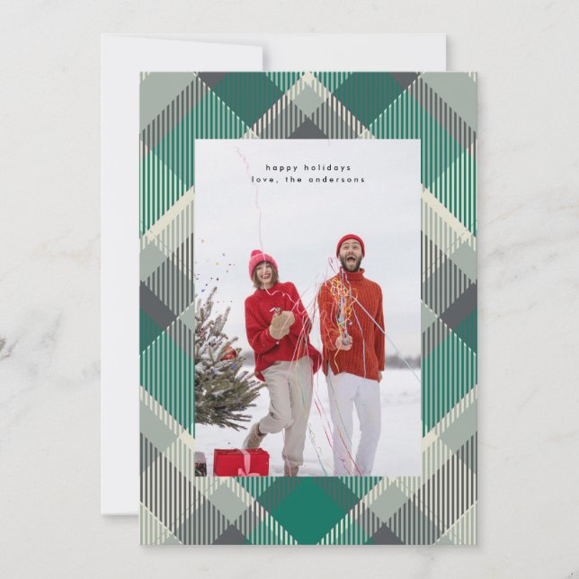 Cartes Pour Fêtes Annuelles Simple Green Modern Christmas Plaid Photo Happy (Devant)