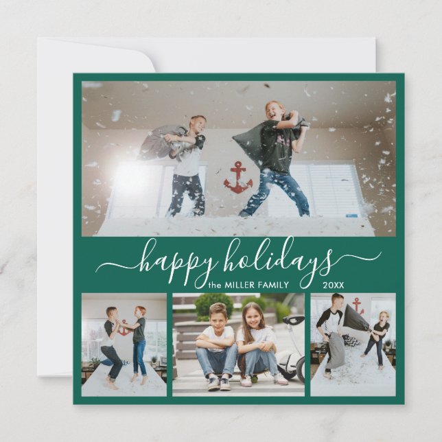 Cartes Pour Fêtes Annuelles Simple Green White 4 photo Collage Happy (Devant)