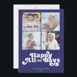 Cartes Pour Fêtes Annuelles Simple Hanoukka Four Photo<br><div class="desc">Ces cartes de voeux Hanoukka plates de 5" x 7" présentent un design minimaliste avec le message "Happy All the Days",  en lettres blanches sur un arrière - plan bleu royal avec des espaces réservés pour quatre (4) de vos photos préférées,  nom(s) de famille et année.</div>