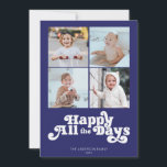 Cartes Pour Fêtes Annuelles Simple Hanoukka Four Photo<br><div class="desc">Ces cartes de voeux Hanoukka plates de 5" x 7" présentent un design minimaliste avec le message "Happy All the Days",  en lettres blanches sur un arrière - plan bleu royal avec des espaces réservés pour quatre (4) de vos photos préférées,  nom(s) de famille et année.</div>