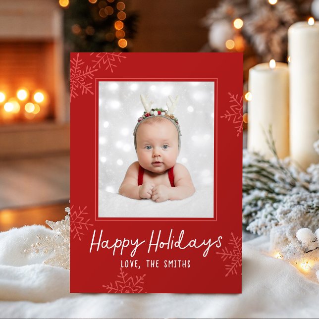 Cartes Pour Fêtes Annuelles Simple Happy Holidays Script Snowflakes Photo (Simple Happy Holidays Script Snowflakes Photo Holiday Card)