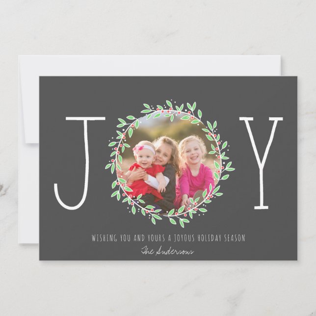 Cartes Pour Fêtes Annuelles Simple Joie Wreath Dark Grey Photo de Noël (Devant)