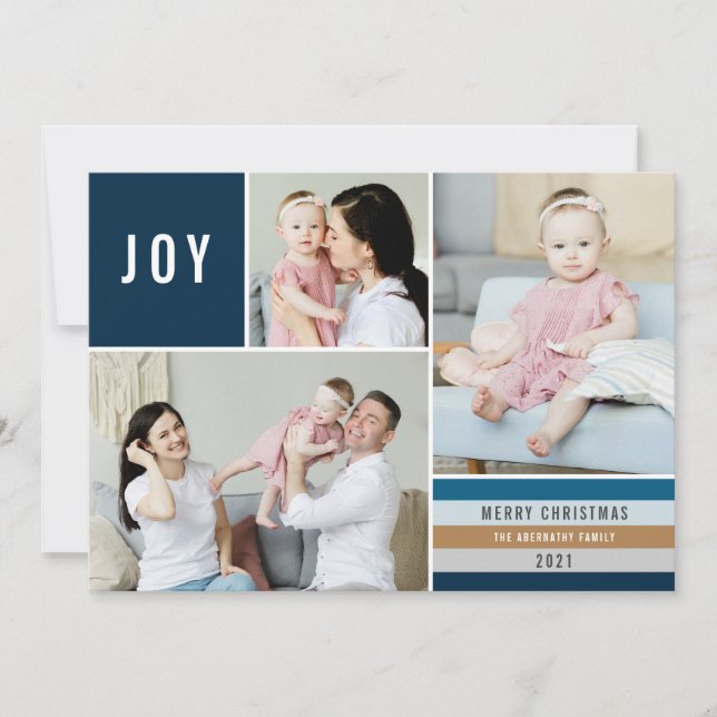 Cartes Pour Fêtes Annuelles Simple Joy 3 Photo Collage Stripes Modernes | Mari (Devant)