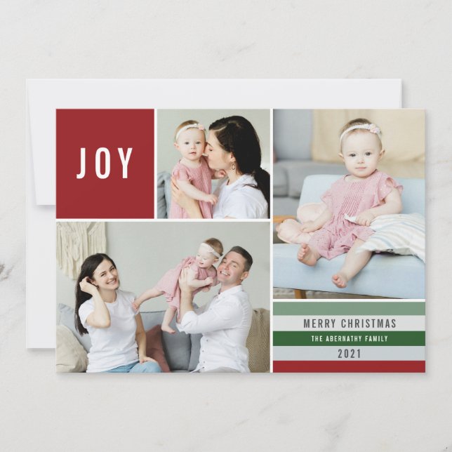 Cartes Pour Fêtes Annuelles Simple Joy 3 Photo Collage Stripes Modernes | Roug (Devant)