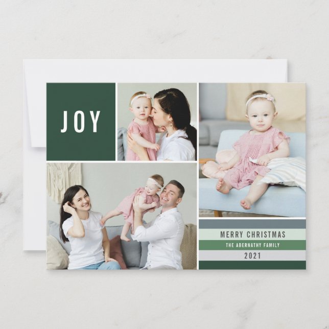 Cartes Pour Fêtes Annuelles Simple Joy 3 Photo Collage Stripes Modernes | Vert (Devant)