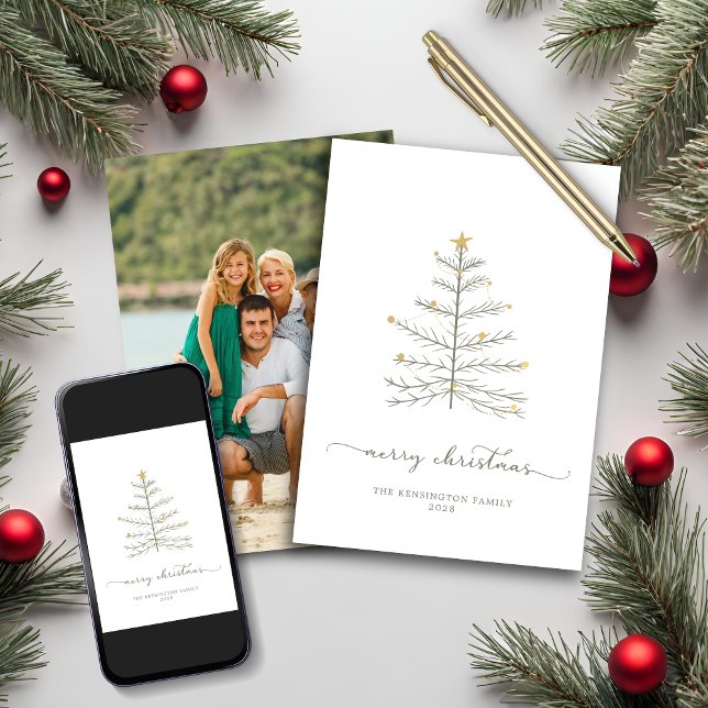 Cartes Pour Fêtes Annuelles Simple Joyeux Arbre de Noël Script photo de vacanc (Simple Merry Christmas Tree Script Holiday Photo Card)