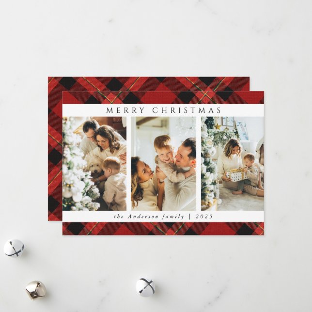 Cartes Pour Fêtes Annuelles Simple Joyeux Noël Rouge Tartan Photo Plaid (Devant/Arrière en situation)