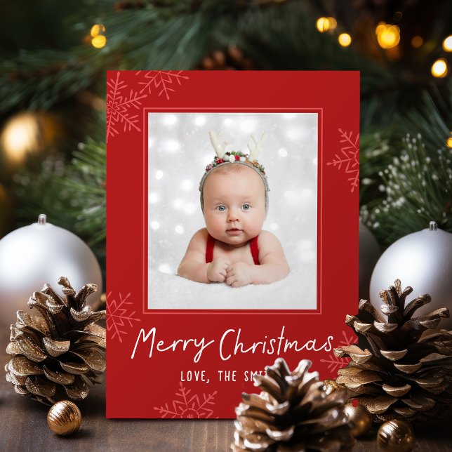 Cartes Pour Fêtes Annuelles Simple Merry Christmas Script Snowflakes Photo (Simple Merry Christmas Script Snowflakes Photo Holiday Card)