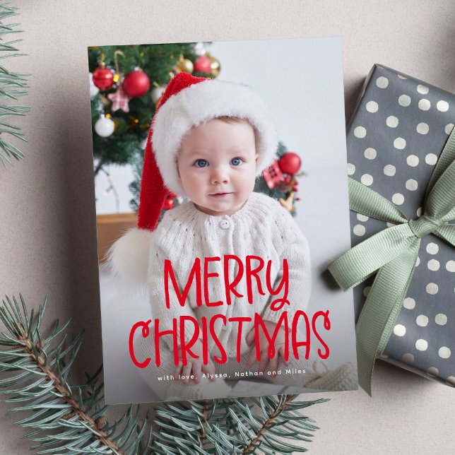 Cartes Pour Fêtes Annuelles Simple mignon Joyeux Noël une photo rouge (Créateur téléchargé)