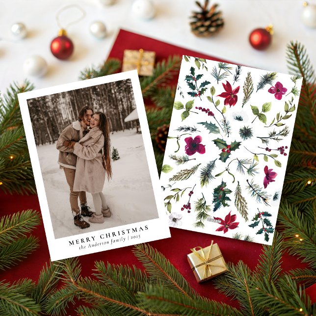 Cartes Pour Fêtes Annuelles Simple Minimal 1 Photo Botanical Merry Christmas (Créateur téléchargé)