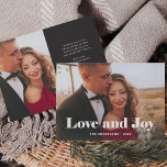 Cartes Pour Fêtes Annuelles Simple Modern | Love and Joy with Photo<br><div class="desc">This simple and stylish holiday photo card says "Love and Joy" in bold,  white elegant modern typography with your favorite personal family photo across the front of the card. Your personal holiday message can go on the back,  with a minimalist dark charcoal black and white design.</div>