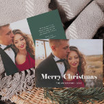 Cartes Pour Fêtes Annuelles Simple moderne Joyeux Noël avec photo<br><div class="desc">Ce carte photo de vacances simple et élégant dit "Joyeux Noël" en typographie moderne audacieuse,  blanche et élégante avec votre photo de famille préférée en face de la carte. Votre message de vacances personnel peut aller sur le dos,  avec un design minimaliste vert et blanc.</div>