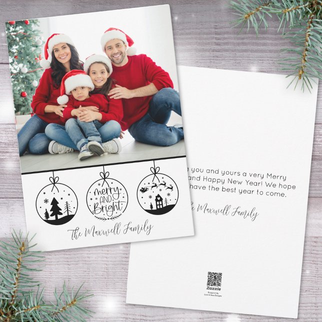 Cartes Pour Fêtes Annuelles Simple moderne noir blanc photo (Simple Modern Black White Merry And Bright Photo Holiday Card )
