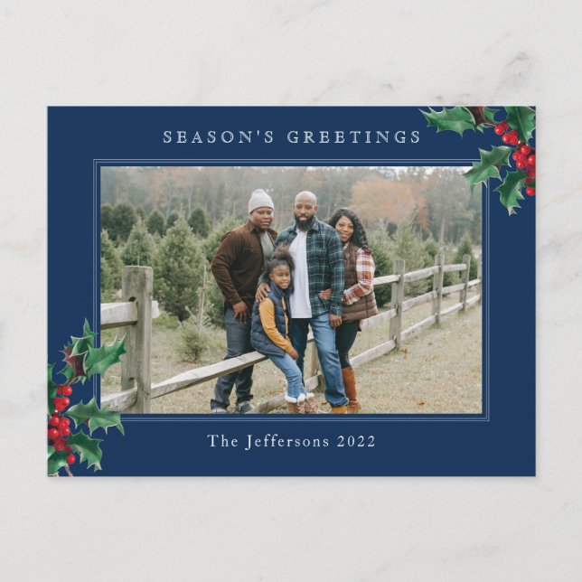 Cartes Pour Fêtes Annuelles Simple Noël Holly Berry Photo personnalisée Bleu (Devant)