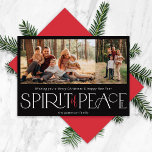 Cartes Pour Fêtes Annuelles Simple Paix Photo Noir Rouge<br><div class="desc">Ces simples cartes de voeux de vacances sont accompagnées de la salutation, "Wishing you a Joyeux Noël and a Happy New Year", ainsi que de la salutation, "Spirit of Peace", en grandes lettres d'ivoire et de rouge sur un arrière - plan noir avec des espaces réservés pour ajouter deux de...</div>