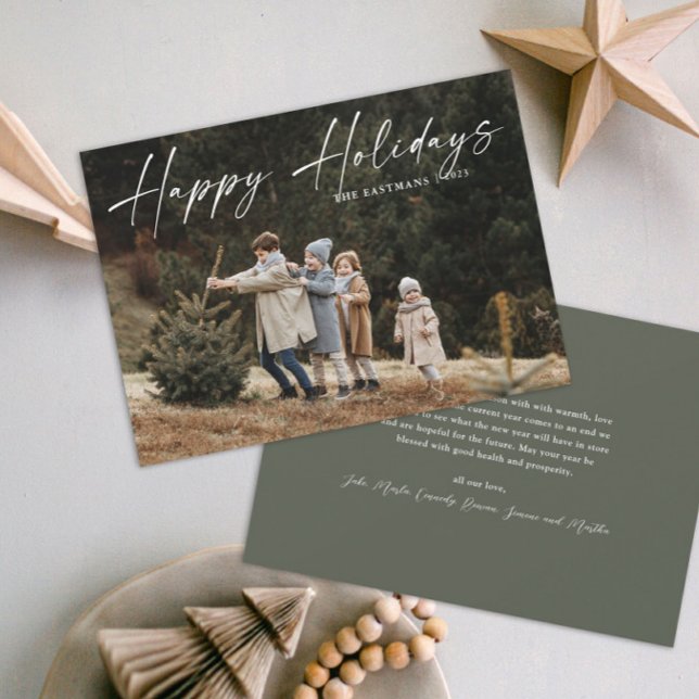 Cartes Pour Fêtes Annuelles Simple Photo de script manuscrit Joyeux (A simple photo holiday card with handwritten Happy Holidays script typographic overlay.)