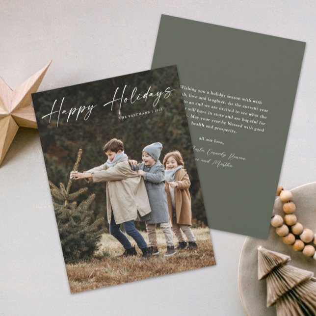 Cartes Pour Fêtes Annuelles Simple Photo de Script Manuscrit Joyeux (A simple photo holiday card with handwritten Happy Holidays script typographic overlay.)