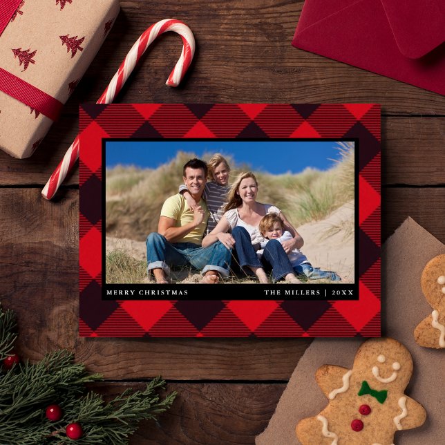 Cartes Pour Fêtes Annuelles Simple Plat Moderne Famille Photo Noël (Simple Plaid Modern Family Photo Christmas Holiday)