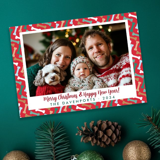 Cartes Pour Fêtes Annuelles Simple rouge et Turquoise os de chien Motif Photo  (Simple red & teal dog bone pattern Christmas family photo card)