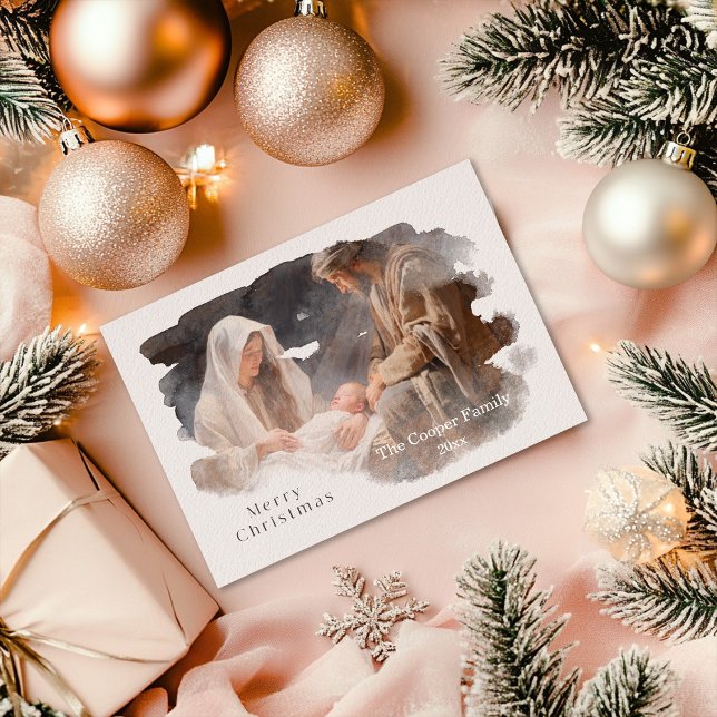 Cartes Pour Fêtes Annuelles Simple scène de la Nativité à l'aquarelle (Créateur téléchargé)