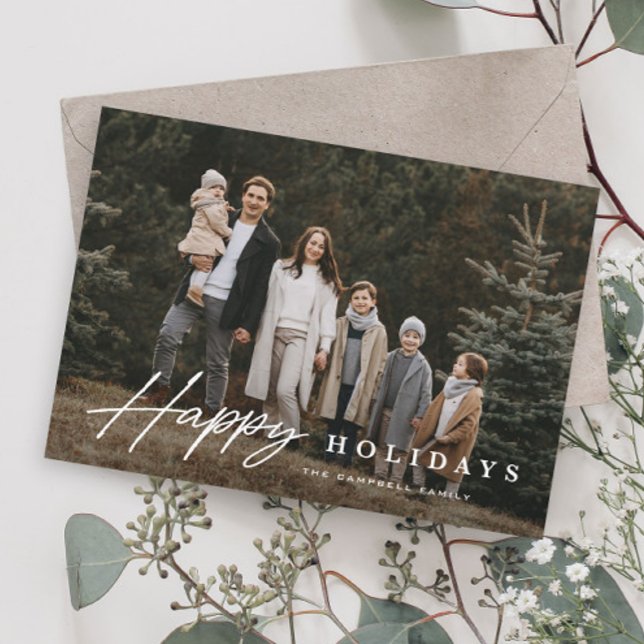 Cartes Pour Fêtes Annuelles Simple Script 3 Photo Joyeux (Simple Script Happy Holiday Photo Card with elegant typographic overlay.)