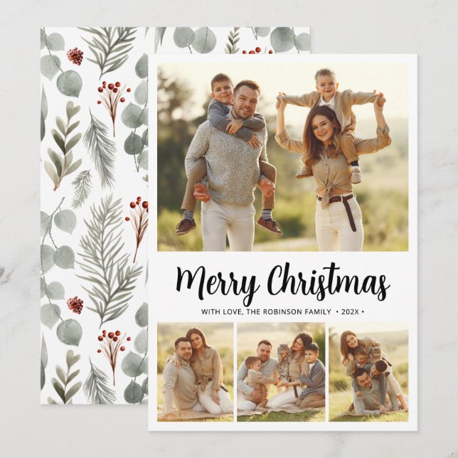 Cartes Pour Fêtes Annuelles Simple Script Botanique 4 Multi Photo Noël (Devant / Derrière)