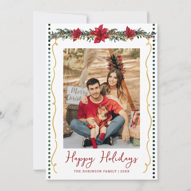 Cartes Pour Fêtes Annuelles Simple verdure Poinsettia Joyeuses Vacances 1 Phot (Devant)