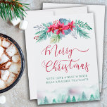 Cartes Pour Fêtes Annuelles Simple Winter Forest and Poinsettia Watercolor<br><div class="desc">Simple and élégant Holiday Card, personalized with your message and name(s). This water color design has a forest of fir trees and a floral garland with poinsettias, winter foliage, berries and sprigs of pine. Merry Christmas is hand littéed in swirly calligraphy and your custom text is imprimted in ypography. Please...</div>