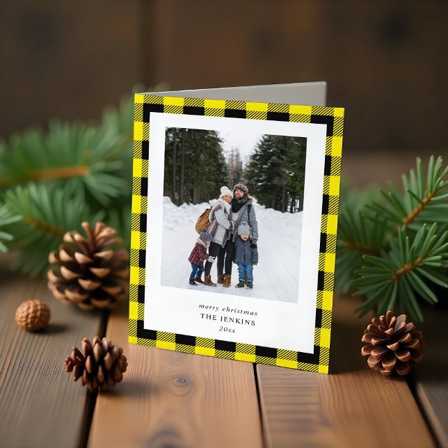 Cartes Pour Fêtes Annuelles Simple Yellow Black Plaid Border 3 Photo Christmas (Créateur téléchargé)