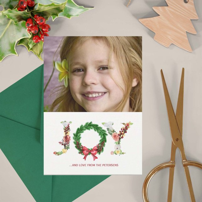 Cartes Pour Fêtes Annuelles Simples fleurs Noël couronne de joie script photo (Créateur téléchargé)