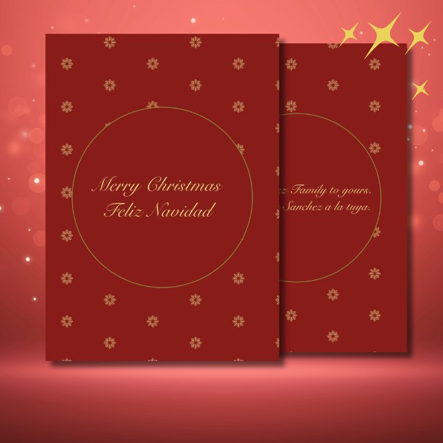 Cartes Pour Fêtes Annuelles Simplistic Red et Golden Christmas Bilingue (Bilingual Spnaish custom text greeeting card, family name personalizable. Multilingual Project)