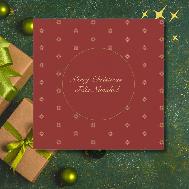 Cartes Pour Fêtes Annuelles Simplistic Red et Golden Christmas Bilingue (Spanish Christmas card red, custom family name, text & bilingual text.)