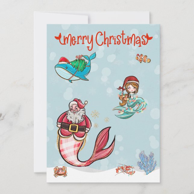 Cartes Pour Fêtes Annuelles Sirène Joyeux Noël Père Noël Vie Marine (Devant)