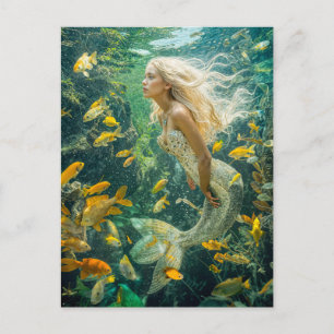 Cartes Pour Fêtes Annuelles Sirène nageant parmi un banc de poissons jaunes