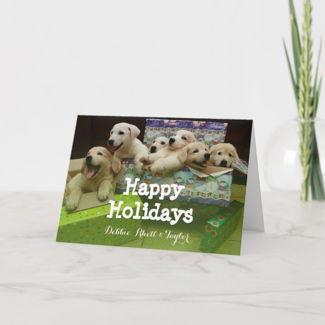 Cartes Pour Fêtes Annuelles Six chiots se reposent dans des boîtes de Noël (Devant)