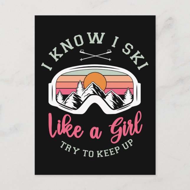 Cartes Pour Fêtes Annuelles Ski De Neige Vintage Rétro Comme Une Fille Essayer (Devant)