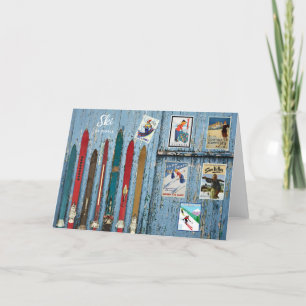 Cartes Pour Fêtes Annuelles Ski Le Monde Coloré Skis En Bois Vintage
