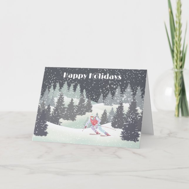 Cartes Pour Fêtes Annuelles Skier de Noël et pins d'hiver (Devant)