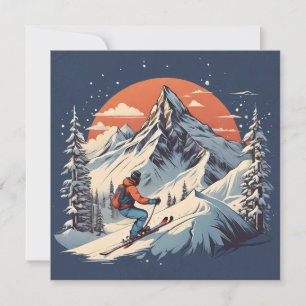 Cartes Pour Fêtes Annuelles Skis vintage pin montagne "Coucher de soleil orang