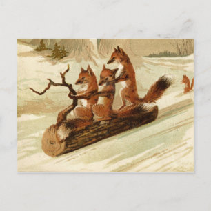 Cartes Pour Fêtes Annuelles Sledding Foxes Vintage Christmas Postcard