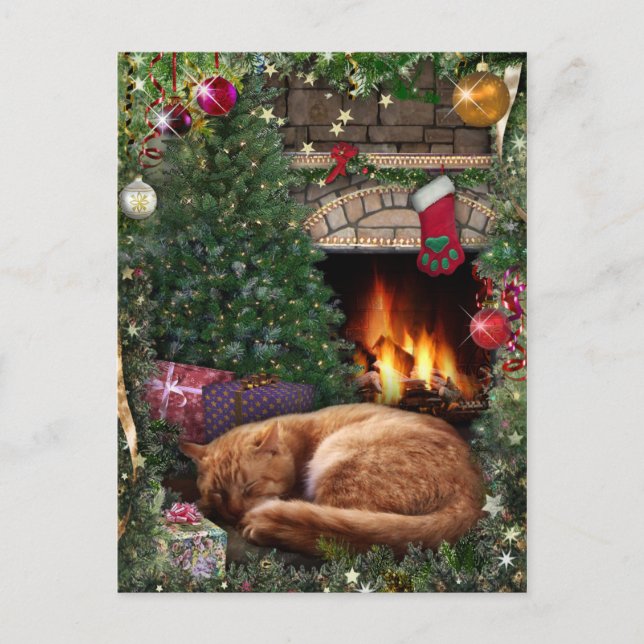 Cartes Pour Fêtes Annuelles Sleeping Cat next to the Fireplace on Christmas (Devant)