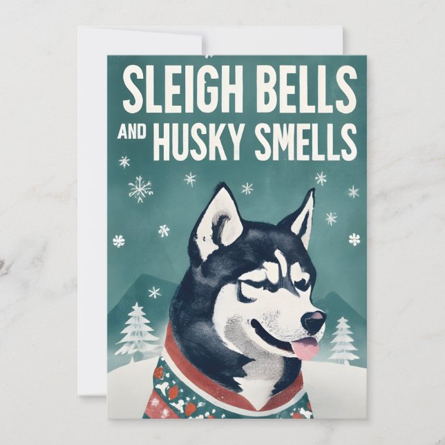 Cartes Pour Fêtes Annuelles Sleigh Bells et Husky Smells Husky Noël Husky (Devant)