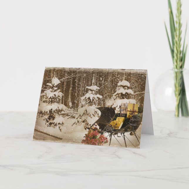 Cartes Pour Fêtes Annuelles Sleigh de Noël avec des cadeaux dans les bois d'hi (Devant)