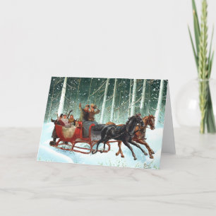 Cartes Pour Fêtes Annuelles Sleigh Ride Vintage Noël Cheval Snowy Forest